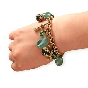 Vintage Carolee Gold Chunky Aqua Blue Multi-faceted Beaded Charm Bracelet